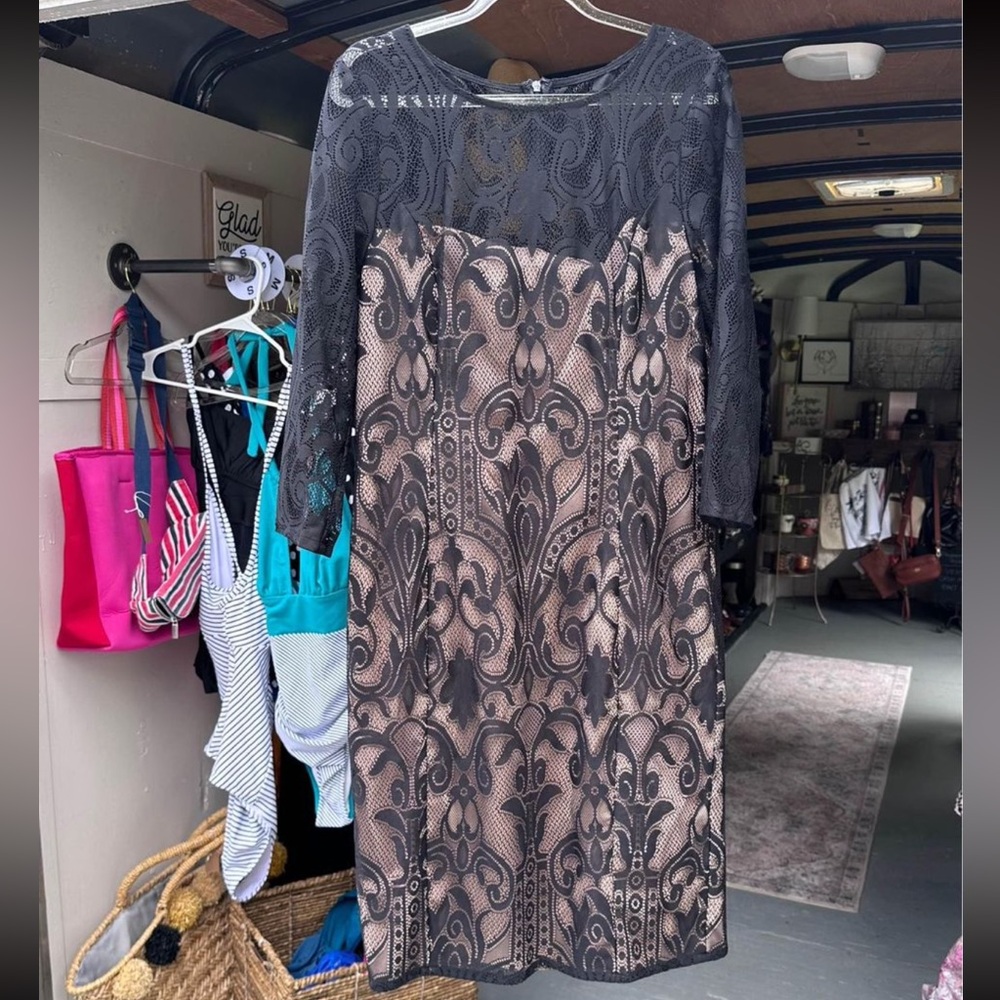Elegant Black Lace Overlay Dress with Nude Underlay
